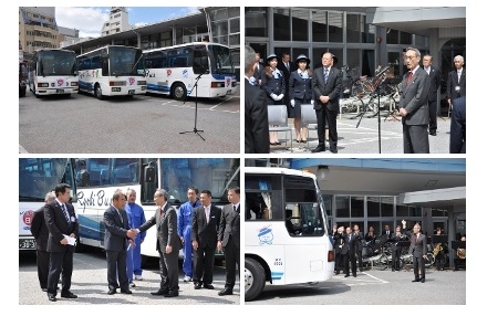 東北大震災被災地バス会社へ贈呈車両の出発式